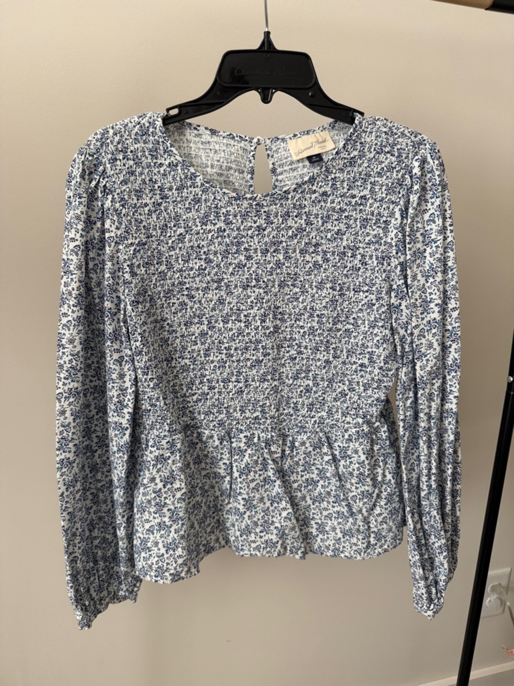 White and Blue Floral Smocked Peplum Blouse